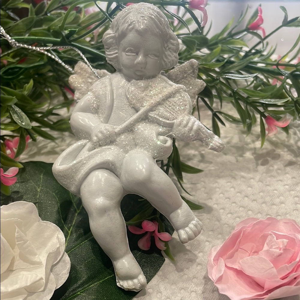 White Angel Cherub Figurine Lute Sparkling Christmas Ornament 4.25”